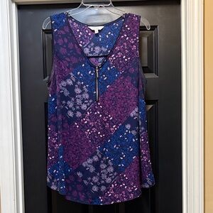 Chic Floral Patchwork Sleeveless Top - Navy and Purple